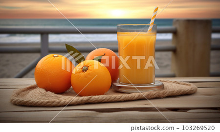 A glass of multifruit juice on nature background, vacation, relaxation concept, copy space, Generated AI 103269520