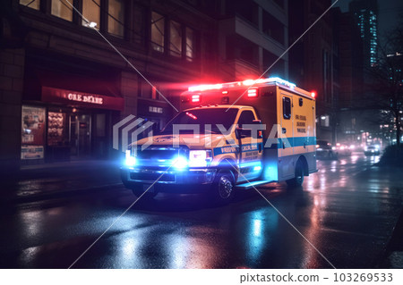 Front view of an Ambulance full speed in the city, responds to emergency calling at night. Generative AI Front view of an Ambulance full speed in the city, responds to emergency calling at night. Generative AI 103269533