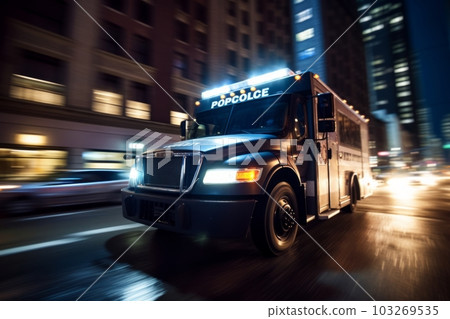 Front view of an Special Forces Truck full speed in the city, responds to emergency calling at night. Generative AI 103269535