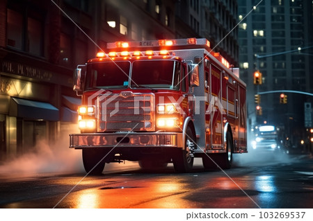Front view of an American firefighters truck full speed, responds to emergency calling in the city at night. Generative AI 103269537