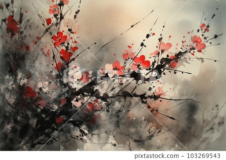 Cherry blossom tree in traditional Japanese painting Sumi-e ink art. AI generative. Cherry blossom tree in traditional Japanese painting Sumi-e ink art. AI generative. 103269543