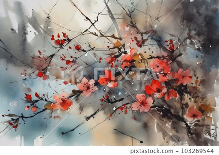 Cherry blossom tree in traditional Japanese painting Sumi-e ink art. AI generative. Cherry blossom tree in traditional Japanese painting Sumi-e ink art. AI generative. 103269544