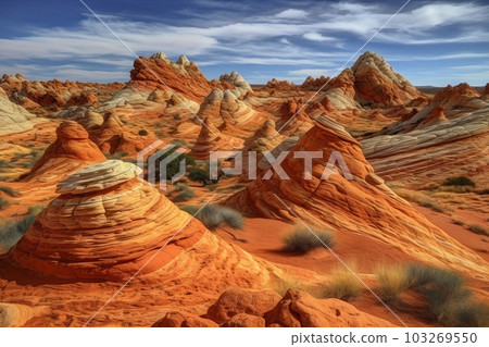 A dramatic shot of the South Coyote Buttes rock formations in the National Park, with their striking colors and textures. Generative AI A dramatic shot of the South Coyote Buttes rock formations in the National Park, with their striking colors and textures. Generative AI 103269550