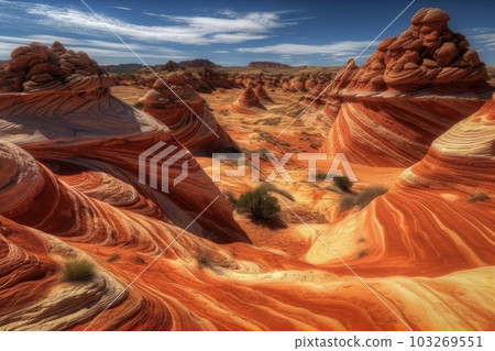 A dramatic shot of the South Coyote Buttes rock formations in the National Park, with their striking colors and textures. Generative AI A dramatic shot of the South Coyote Buttes rock formations in the National Park, with their striking colors and textures. Generative AI 103269551
