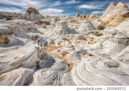 A captivating shot of the White Pocket rock formation in the National Park, with its stunning white sandstone and intricate patterns. Generative AI. 103269552