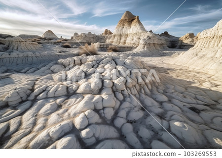 A captivating shot of the White Pocket rock formation in the National Park, with its stunning white sandstone and intricate patterns. Generative AI. A captivating shot of the White Pocket rock formation in the National Park, with its stunning white sandstone and intricate patterns. Generative AI. 103269553
