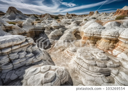 A captivating shot of the White Pocket rock formation in the National Park, with its stunning white sandstone and intricate patterns. Generative AI. A captivating shot of the White Pocket rock formation in the National Park, with its stunning white sandstone and intricate patterns. Generative AI. 103269554