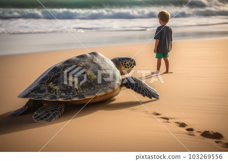 A massive sea turtle lazily emerging from the surf, leaving tracks in the sand. A young boy gazing up at the huge reptile in awe and smiling brightly. Generative AI. A massive sea turtle lazily emerging from the surf, leaving tracks in the sand. A young boy gazing up at the huge reptile in awe and smiling brightly. Generative AI. 103269556