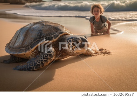 A massive sea turtle lazily emerging from the surf, leaving tracks in the sand. A young boy gazing up at the huge reptile in awe and smiling brightly. Generative AI. 103269557