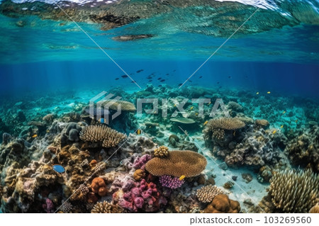 A lush natural reef teeming with sea life. Colorful tropical fish of every hue swimming by schools of parrotfish. Sea turtles gracefully gliding through the coral. Generative AI A lush natural reef teeming with sea life. Colorful tropical fish of every hue swimming by schools of parrotfish. Sea turtles gracefully gliding through the coral. Generative AI 103269560
