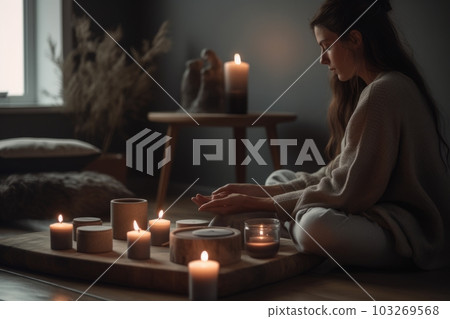 A person meditating in a cozy and minimalist home setting, with candles, incense, and comfortable cushions. Concept of comfort and inner peace. Generative AI 103269568