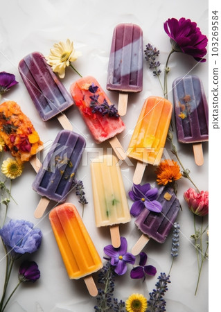 Flat lay photo of frozen popsicles and colorful edible flowers on white background. Natural summer dessert. Generative Ai Flat lay photo of frozen popsicles and colorful edible flowers on white background. Natural summer dessert. Generative Ai 103269584