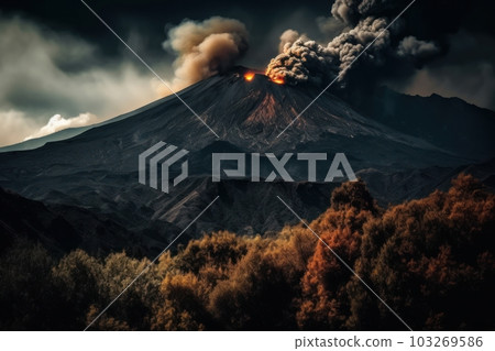 A dramatic shot of Mount Etna, the active volcano in Sicily, with its stunning landscape and unique beauty. Generative Ai 103269586