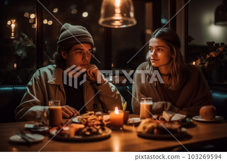 A laid-back couple, sitting under string lights eating avocado toast and smoothies. Concept nostalgic, grammable millennial moment. Generative AI 103269594