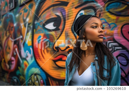 A young woman posing in front of a colorful and artistic graffiti mural, wearing a fashionable outfit, with a sense of confidence and style. Concept of creativity and self-expression. Generative AI A young woman posing in front of a colorful and artistic graffiti mural, wearing a fashionable outfit, with a sense of confidence and style. Concept of creativity and self-expression. Generative AI 103269610