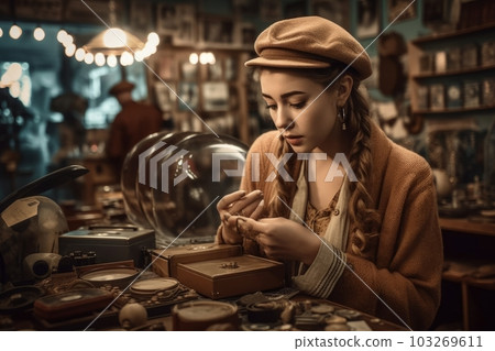 A young woman browsing through a retro and vintage store, trying on unique and one-of-a-kind items, with a sense of nostalgia and individuality. Concept of vintage and retro fashion. Generative AI 103269611