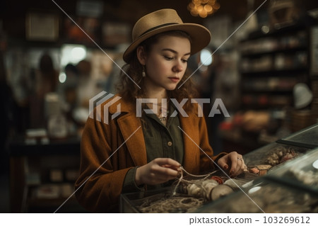 A young woman browsing through a retro and vintage store, trying on unique and one-of-a-kind items, with a sense of nostalgia and individuality. Concept of vintage and retro fashion. Generative AI 103269612