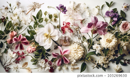 Oil flower painting, botanic print on canvas, greeting card, nature concept. Generated AI Oil flower painting, botanic print on canvas, greeting card, nature concept. Generated AI 103269630