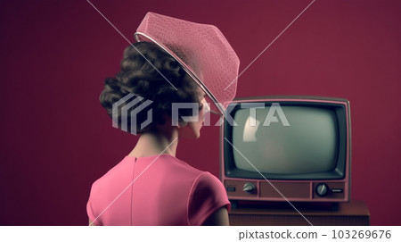 Vintage illustration of a woman in an old-fashioned pink dress watching an old TV, Generated AI Vintage illustration of a woman in an old-fashioned pink dress watching an old TV, Generated AI 103269676