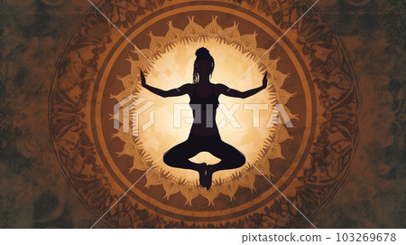 Girl doing yoga, colored mandala, mental health, meditation, Generated AI Girl doing yoga, colored mandala, mental health, meditation, Generated AI 103269678