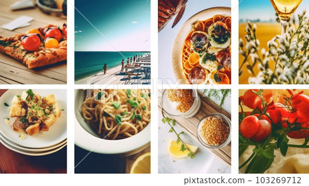 A collage of different dishes, restaurant concept, seafood, Generated AI 103269712