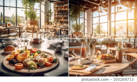 A collage of different dishes, restaurant interior concept, Generated AI A collage of different dishes, restaurant interior concept, Generated AI 103269713
