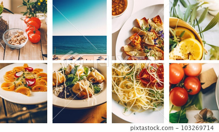 A collage of different dishes, restaurant concept, seafood, Generated AI 103269714
