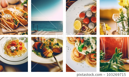 A collage of different dishes, restaurant concept, seafood, Generated AI 103269715