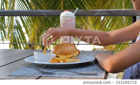 Little girl eating french fries while sitting on scenic terrace. Summer vacation concept Little girl eating french fries while sitting on scenic terrace. Summer vacation concept 103269718