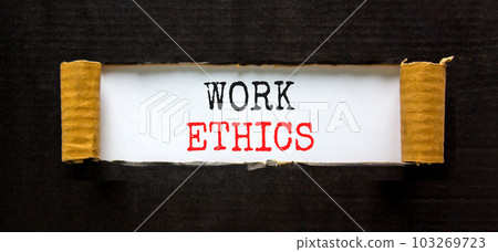 Work ethics symbol. Concept words Work ethics on beautiful white paper. Beautiful black paper cardboard background. Business and Work ethics concept. Copy space. 103269723