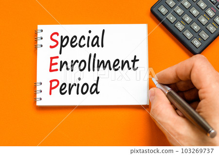 SEP symbol. Concept words SEP Special enrollment period on beautiful white note. Doctor hand. Beautiful orange table orange background. Medical and SEP Special enrollment period concept. Copy space. 103269737