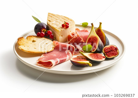 Italian appetizer prosciutto and cheeses served on white platter with figs and grape. Generative AI illustration 103269837