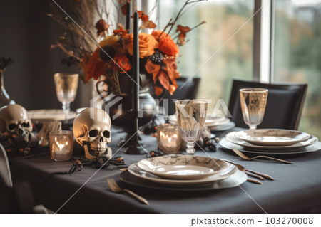Halloween table setting with pumpkins and skulls Halloween table setting with pumpkins and skulls 103270008
