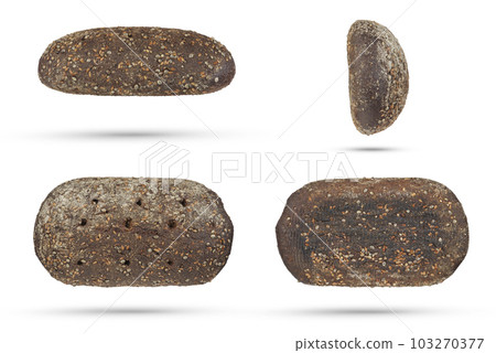 Set of black loaves of bread on a white isolated background. Loaves of black fresh bread with cannabis seeds. Top view, bottom view and side view. Set of black loaves of bread on a white isolated background. Loaves of black fresh bread with cannabis seeds. Top view, bottom view and side view. 103270377