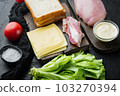 Delicious sandwich with toasted bread ingredients, on black background 103270394