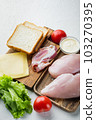 Fresh ingredients for tasty sandwich, on white background 103270395