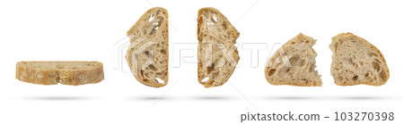Set of slices of fresh Ciabatta bread on a white isolated background. Slices hang or fall on a white background. The concept of Italian bread baking or delicious breakfast. Set of slices of fresh Ciabatta bread on a white isolated background. Slices hang or fall on a white background. The concept of Italian bread baking or delicious breakfast. 103270398