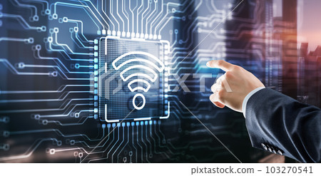 Man clicks on the logo Wireless internet connection communication mobile technology concept Man clicks on the logo Wireless internet connection communication mobile technology concept 103270541