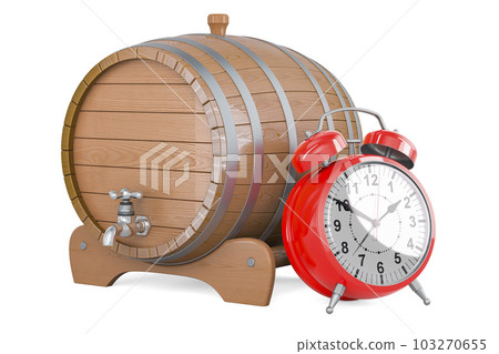 Wooden barrel with valve and stand with alarm clock, 3D rendering Wooden barrel with valve and stand with alarm clock, 3D rendering 103270655