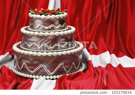 Chocolate cake on the Danish flag background, 3D rendering 103270656