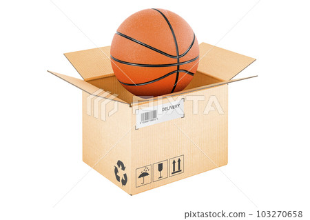 Basketball ball inside cardboard box, delivery concept, 3D rendering Basketball ball inside cardboard box, delivery concept, 3D rendering 103270658
