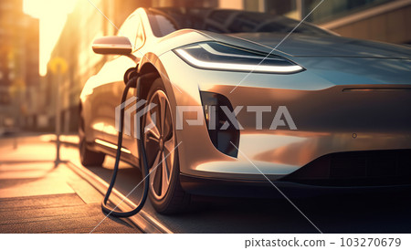 E-mobile in red colour charges batteries. Electromobility and ecology. E-mobile in red colour charges batteries. Electromobility and ecology. 103270679