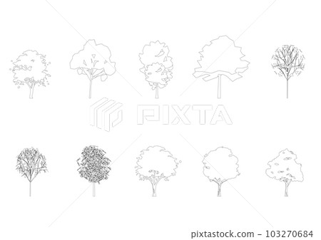 tree line drawing, Side view, graphics trees elements single object outline minimal plant symbol for architecture and landscape design. Vector illustration in stroke fill in white. forest, tropical. tree line drawing, Side view, graphics trees elements single object outline minimal plant symbol for architecture and landscape design. Vector illustration in stroke fill in white. forest, tropical. 103270684