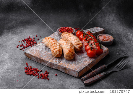 Delicious grilled sausages from chicken or pork meat with salt, spices and herbs Delicious grilled sausages from chicken or pork meat with salt, spices and herbs 103270747