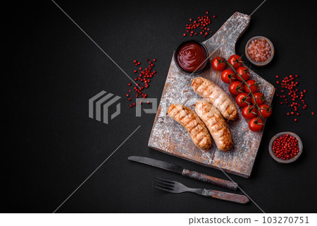 Delicious grilled sausages from chicken or pork meat with salt, spices and herbs 103270751