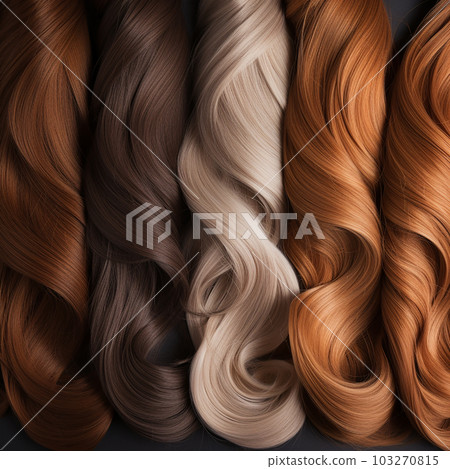 Texture of strands of curly hair of different colors and shades, red, blond, chestnut, brown, close-up macro, background for advertising banners of beauty and hairdressing salons. 103270815