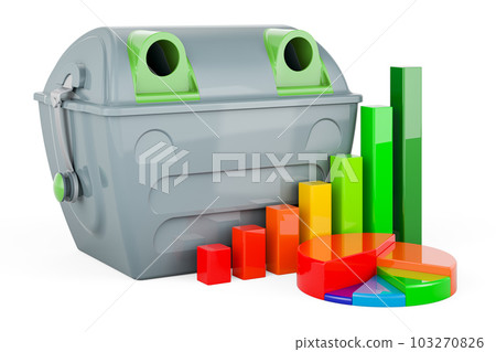 Gray garbage container with growth bar graph and pie chart, 3D rendering 103270826