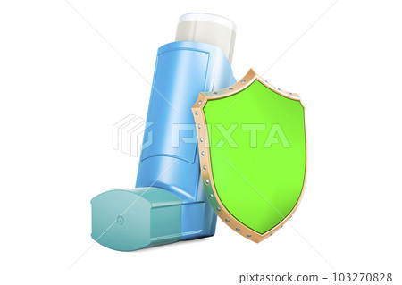 Metered-dose inhaler, MDI with shield. 3D rendering Metered-dose inhaler, MDI with shield. 3D rendering 103270828