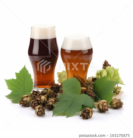 Two glasses of delicious fresh light and dark beer, hop cones and leaves isolated on white background close-up, background for advertising banners and package design Two glasses of delicious fresh light and dark beer, hop cones and leaves isolated on white background close-up, background for advertising banners and package design 103270875