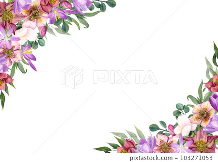 Rectangle floral frame with watercolor hellebores, crocuses, eucalyptus isolated on white background. Botanical illustration for postcard design, invitation template, greetings 103271053